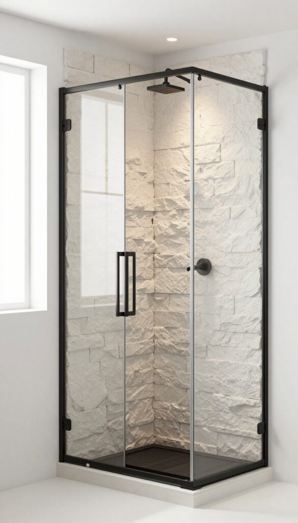 A bathroom shower wall featuring textured stone veneer panels in bright natural light with matte black fixtures and warm wood accents.