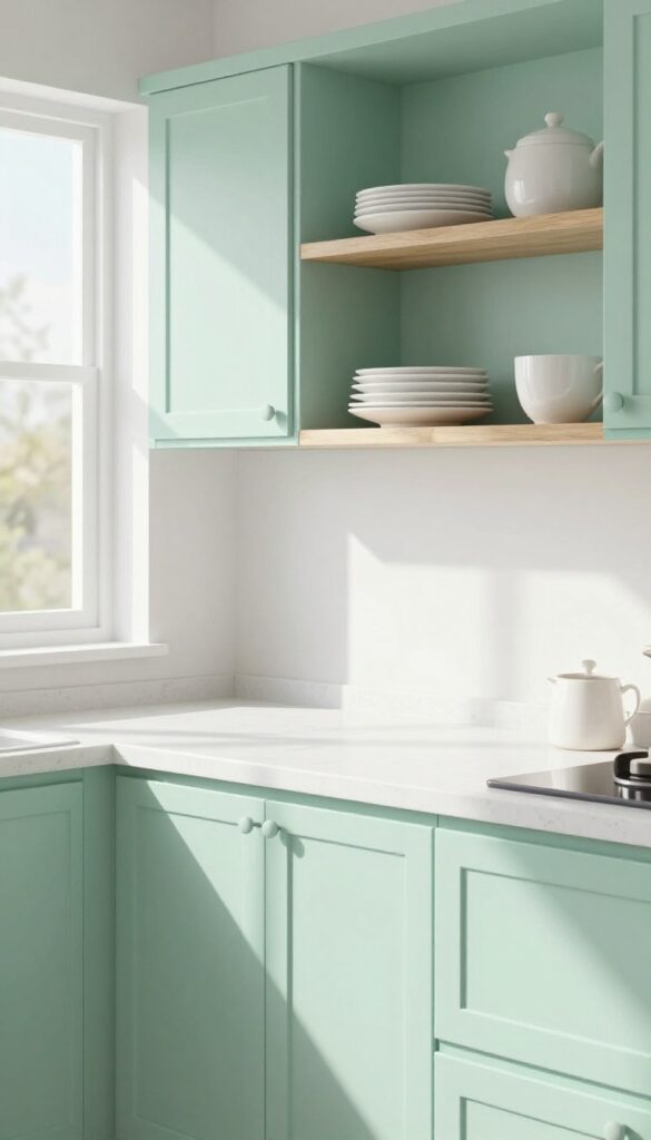 Bright kitchen with pastel mint green cabinets and white countertops, natural light, clean composition