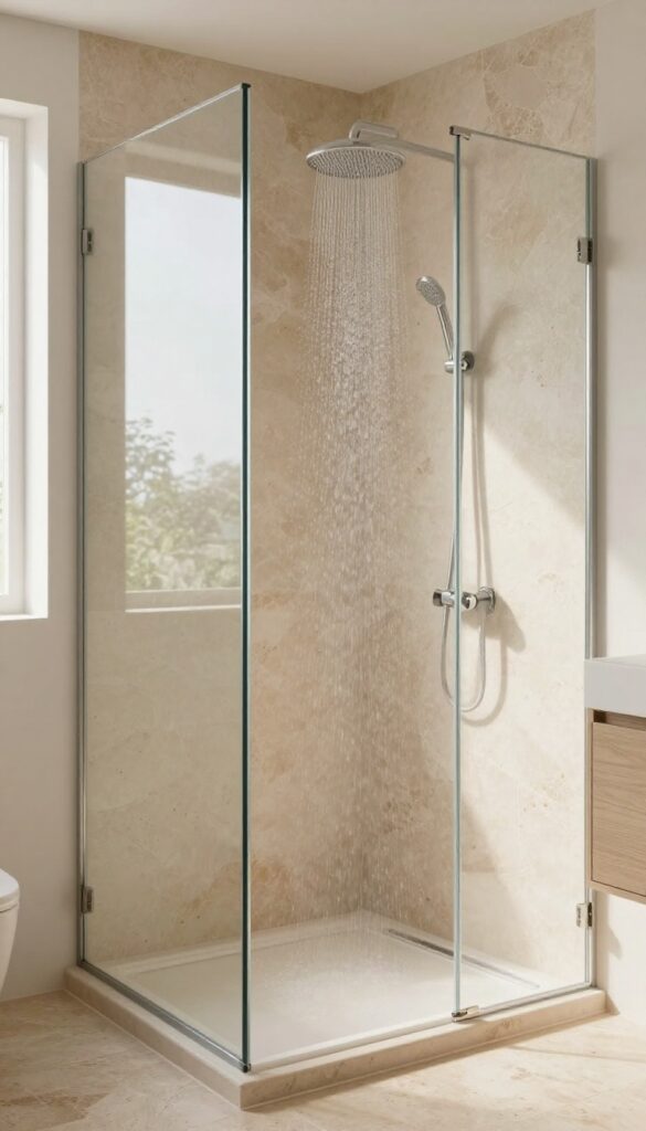 Walk-in spa shower with warm heated stone floor, natural light, and rainfall showerhead.