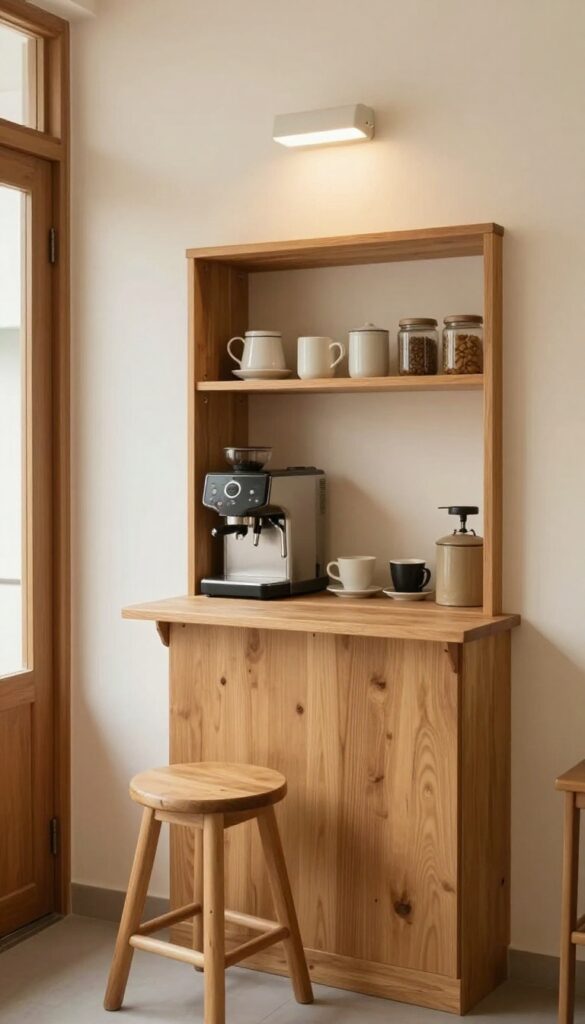 A cozy closet coffee station with fold-down counter, open shelving, and warm lighting.