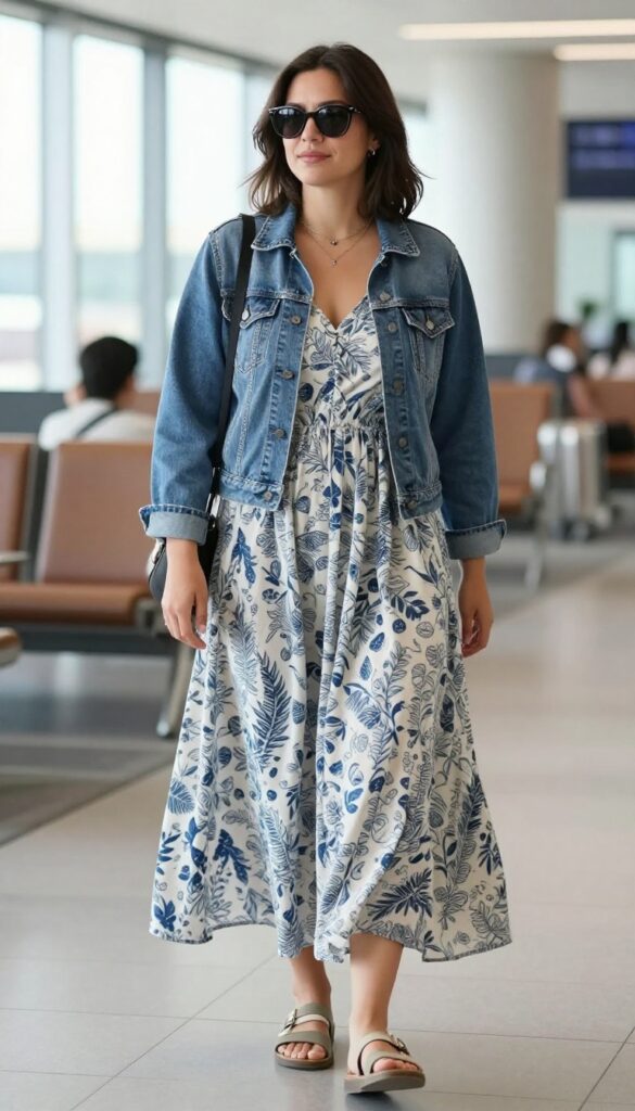 A woman in a maxi dress and denim jacket at an airport, showcasing a comfy classy summer travel outfit with sandals and accessories.