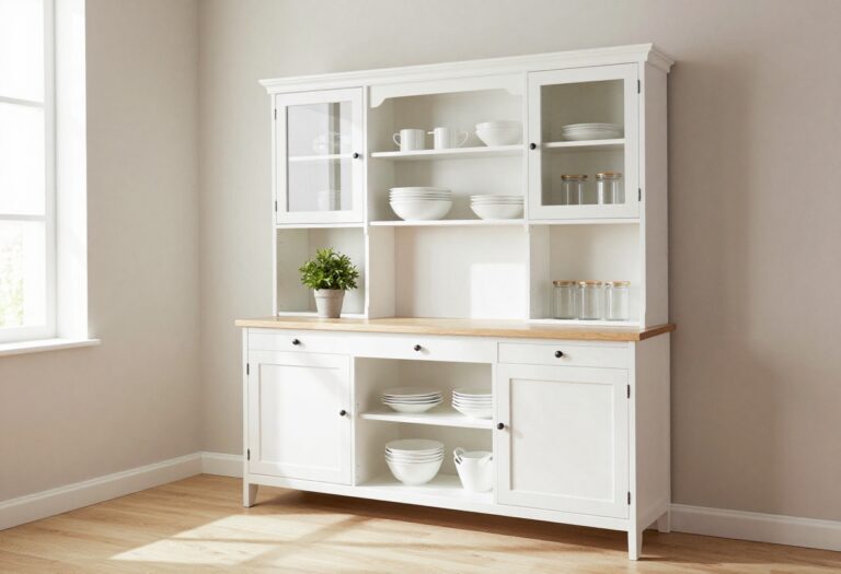 Bright kitchen with a white shaker hutch, glass-front cabinets, and open shelving styled with dishes and a plant.