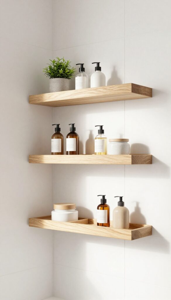 Floating wooden shelves on a bathroom knee wall with shower essentials and decorative items in bright natural light