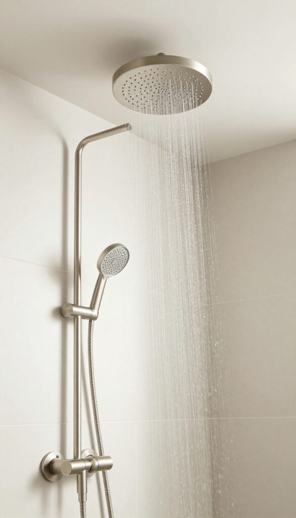 Ceiling-mounted rainfall and handheld showerheads in a modern minimalist bathroom