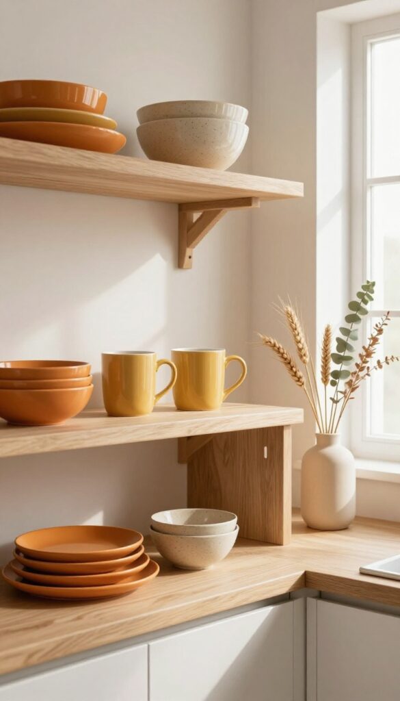 Open kitchen shelving styled with fall-colored dishes, mugs, and a vase of dried eucalyptus and wheat stalks.