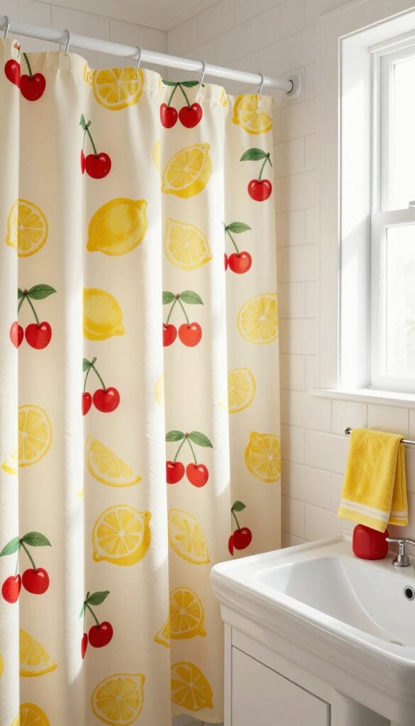 Bright bathroom with white subway tile and pedestal sink, featuring a playful vintage shower curtain with oversized retro fruit print of red cherries and yellow lemons.