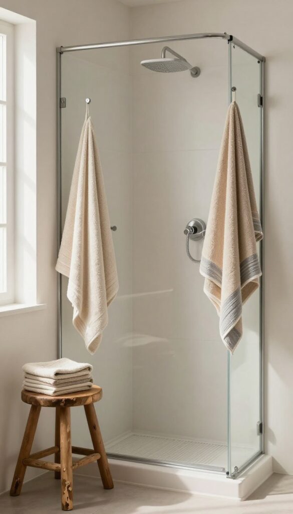 A cozy farmhouse walk-in shower with a weathered wooden stool and layered earthy-toned towels in natural light