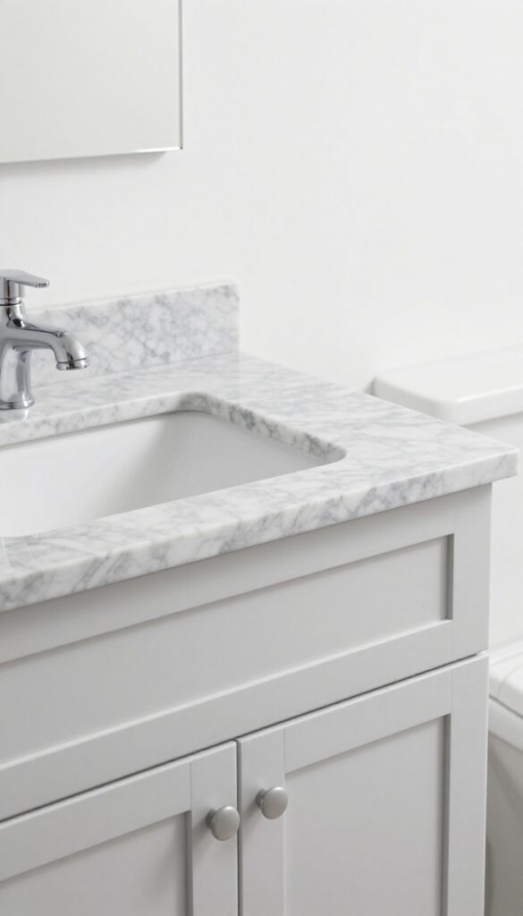 Gray marble vanity countertop in a calm bathroom setting with natural texture and subtle veining.