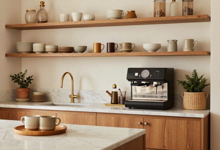 Cozy built-in coffee bar in a warm kitchen with wood shelves, marble counter, and brass details