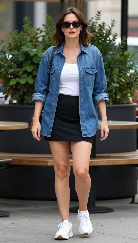 Casual summer outfit featuring a denim shirt and black mini skirt with white sneakers, styled for a relaxed yet put-together look in an urban outdoor setting.