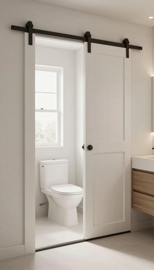 A sliding barn door divider in a modern bathroom with bright natural light and clean composition.