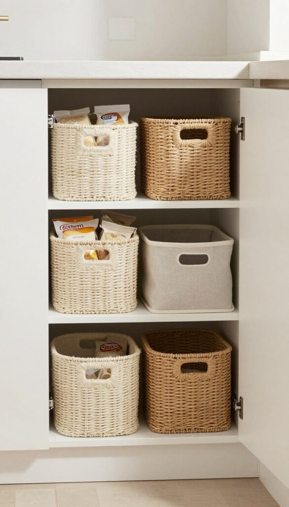 Modern kitchen corner cabinet organized with woven baskets and bins for loose items.