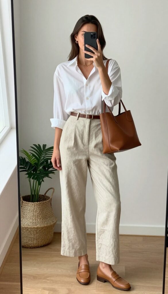 Woman taking a mirror selfie wearing a white button-down shirt tucked into high-waisted wide-leg beige trousers, brown leather belt, loafers, and tote bag in a bright room.