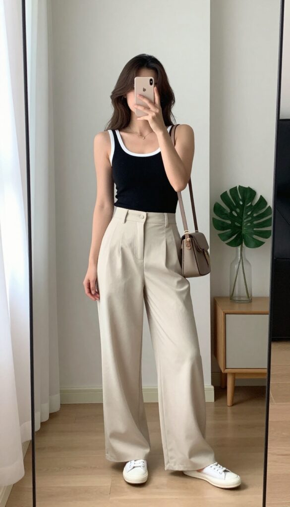 Midsize woman in high-waisted wide-leg pants and fitted tank top, taking a mirror selfie in a bright, minimal room.