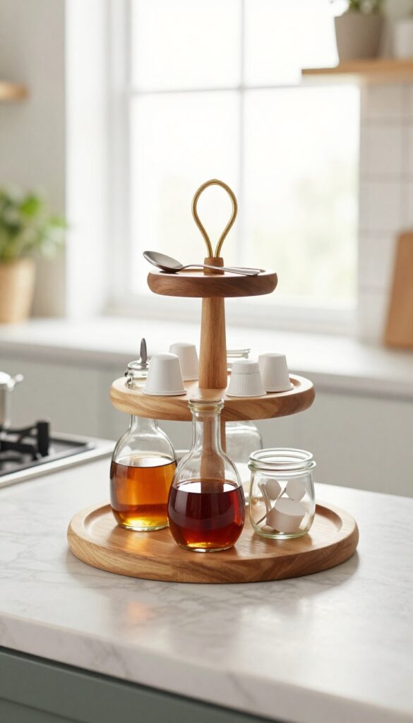 Two-tier wooden stand on kitchen counter holding coffee syrups, pods, and spoons in natural light.