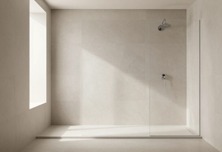 Modern bathroom shower with geometric accent tiles in neutral tones, showcasing stylish home decor ideas