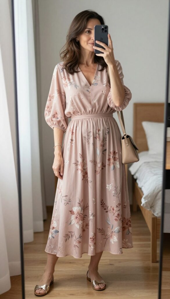 A woman in her 50s wearing a flowy maxi dress with flats, taking a mirror selfie. The outfit is elegant and comfortable, suitable for a senior night out.