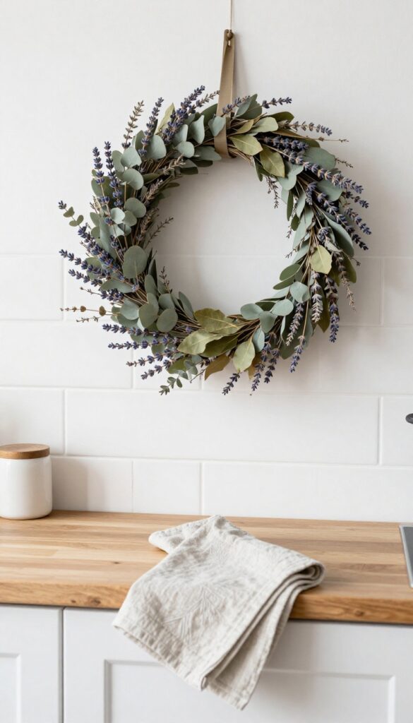 A dried herb wreath hanging on a kitchen wall near a window, with natural light highlighting the textures of eucalyptus and lavender.
