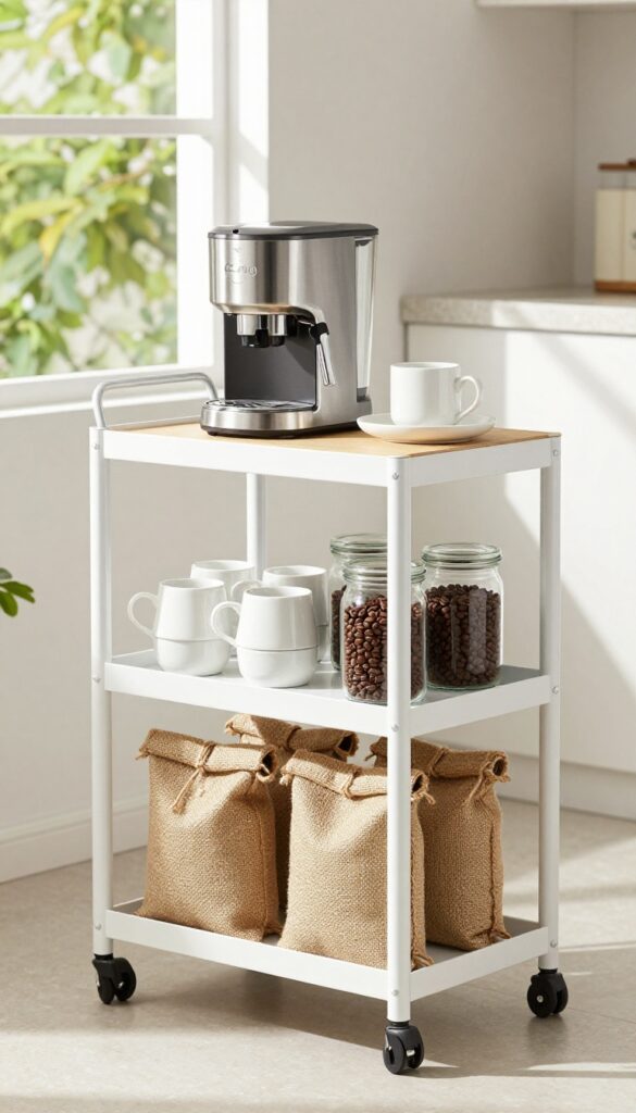 A narrow rolling cart beside a kitchen counter holding coffee maker, mugs, jars, and bags of coffee beans.