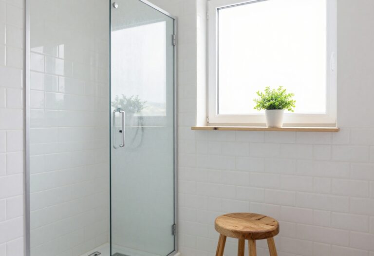 Small bathroom shower with glass door, teak stool, and plant on floating shelf