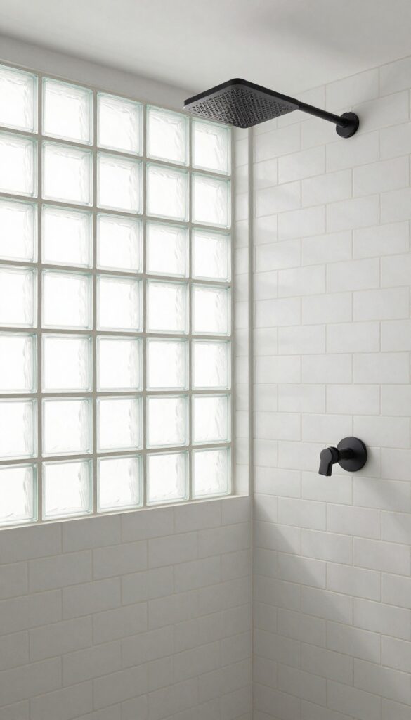 Neo angle shower with glass block wall for privacy and light