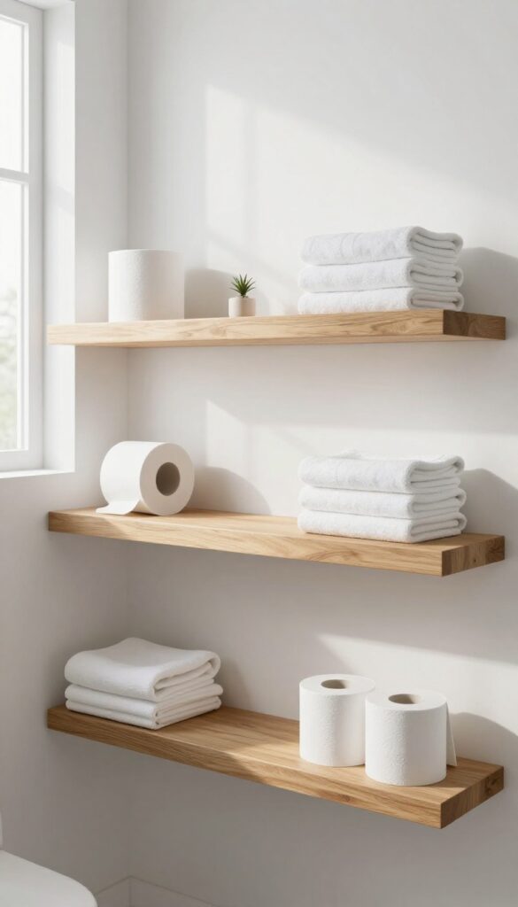 Floating shelves above a toilet in a bright bathroom, showcasing space-saving storage with towels and toilet paper.