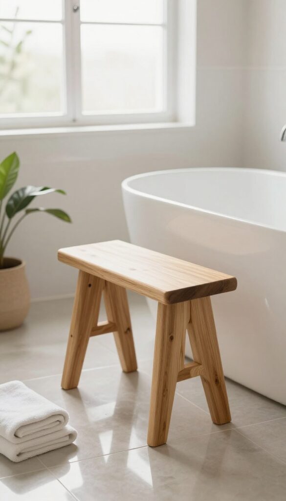 A serene bathroom with natural wood elements, including a wooden stool next to a bathtub, enhancing warmth and balance in the space.