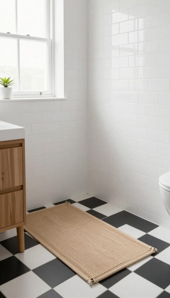 Bathroom with black and white checkerboard tile floor and warm teak wood accents