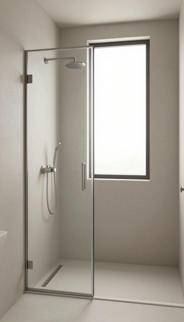 A minimalist frameless glass shower door in a contemporary bathroom with natural light, neutral tiles, and sleek hardware, enhancing openness and a polished look.