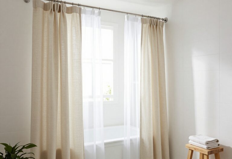 Bright bathroom with double shower curtains, sheer inner layer and textured outer layer, natural light, clean composition.