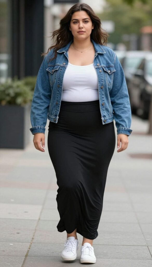 A woman wearing a black maxi skirt with a white tank top and denim jacket, styled with sneakers and a crossbody bag for a casual summer outfit.