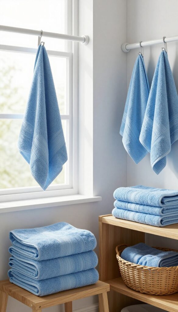 Coordinated soft blue towel sets neatly arranged in a bright college bathroom to create a polished and organized look.