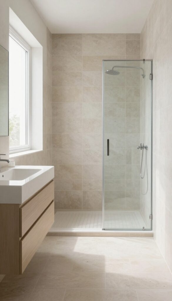 Rectangle bathroom with lengthwise floor tiles in natural stone-look porcelain, bright natural lighting, clean design, no text or logos.