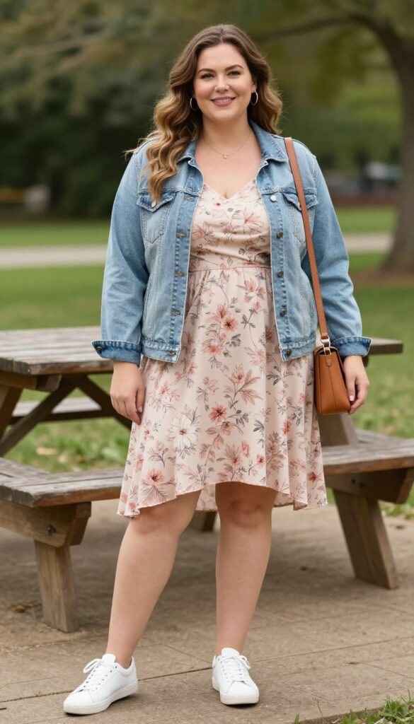 A plus-size mom wearing a flowy floral midi dress, white sneakers, and a denim jacket at a park birthday party, looking stylish and comfortable.