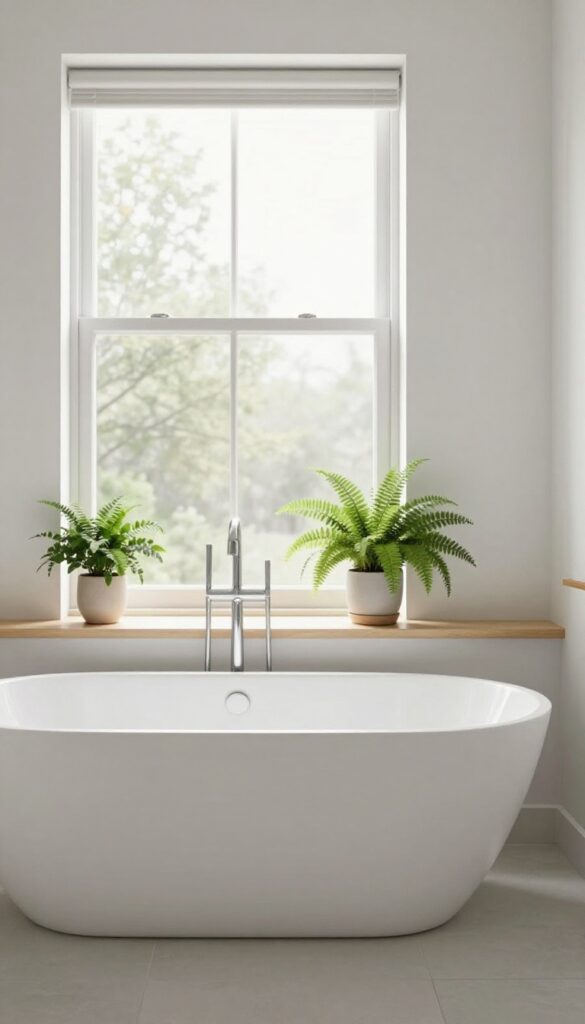 A relaxing bathroom with a bathtub and simple greenery in natural light