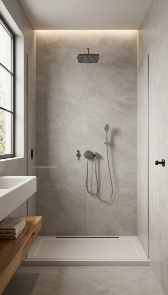 A master bathroom shower with matte-finish gray tiles, featuring natural wood accents and stone shelves under bright natural light, demonstrating a stylish and low-maintenance design.