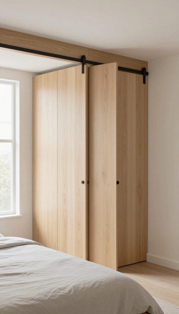 Bedroom with sliding barn-style panels as a space-saving divider, showcasing architectural design in natural light.