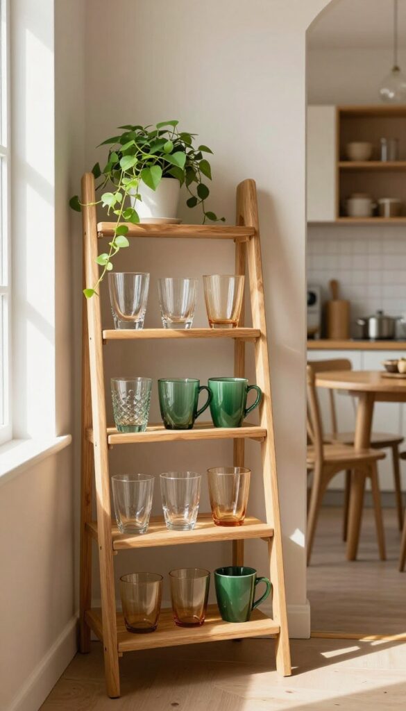 Corner ladder shelf displaying colorful glassware and mugs in a cozy eat-in kitchen