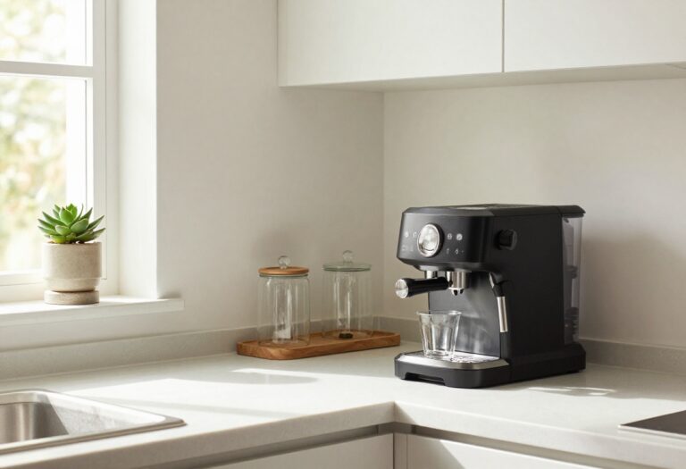 Cozy small kitchen coffee bar with espresso machine, wooden tray, mug shelf, and succulent