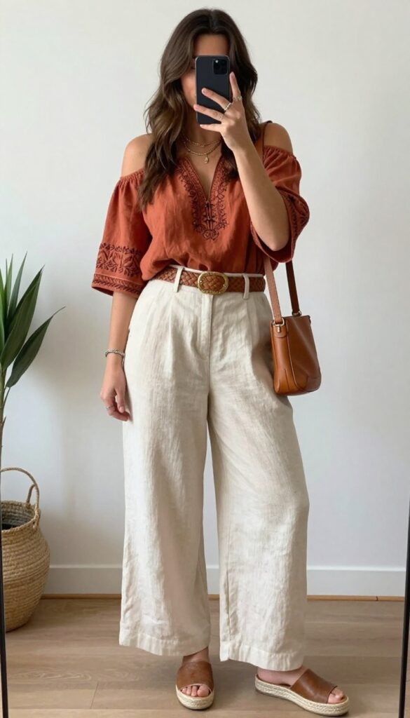 Midsize woman in cream linen pants and rust embroidered top taking a mirror selfie, showcasing a polished boho summer outfit with layered gold jewelry and rope espadrilles.