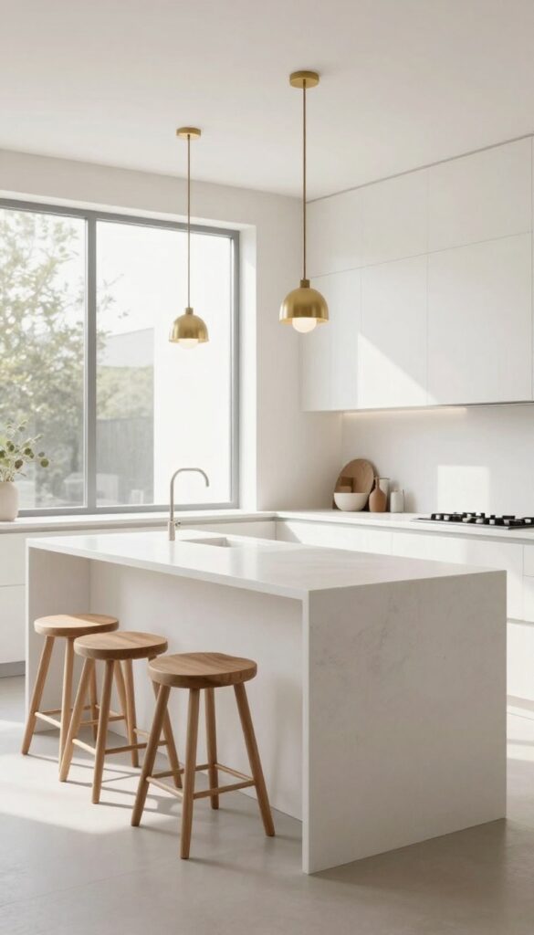 Modern kitchen island with white quartz waterfall edge and backless wooden stools in bright natural light.