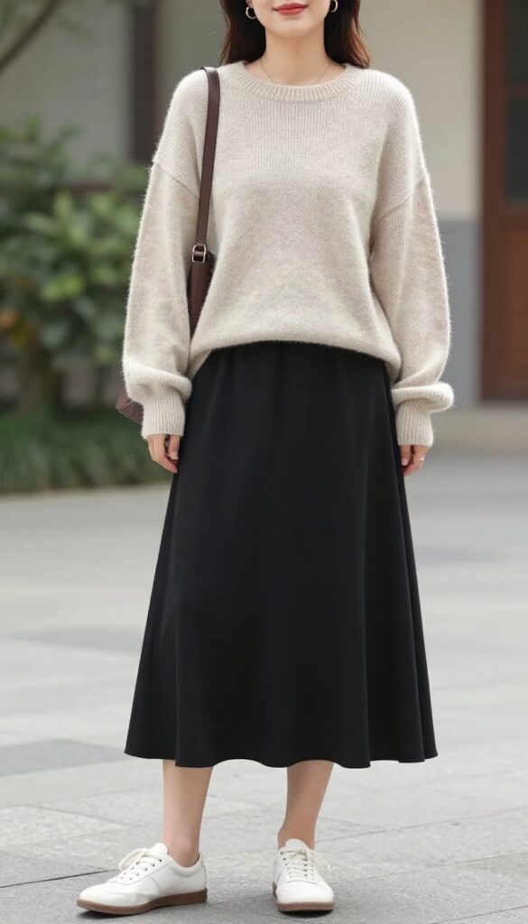 A woman wearing an oversized sweater and black maxi skirt outfit for summer nights, styled with sneakers and a shoulder bag in a casual outdoor setting.