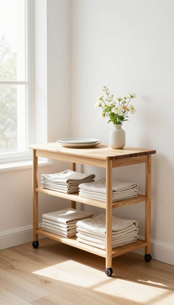 A wooden rolling cart used as a movable kitchen table, set with plates and flowers near a window.