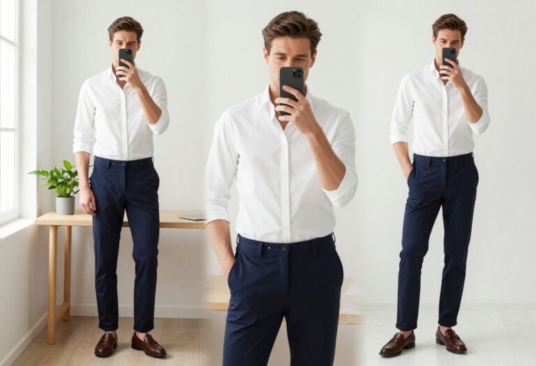 A man in a white button-down shirt and navy chinos takes a mirror selfie in a bright minimalist office, embodying polished business casual style.