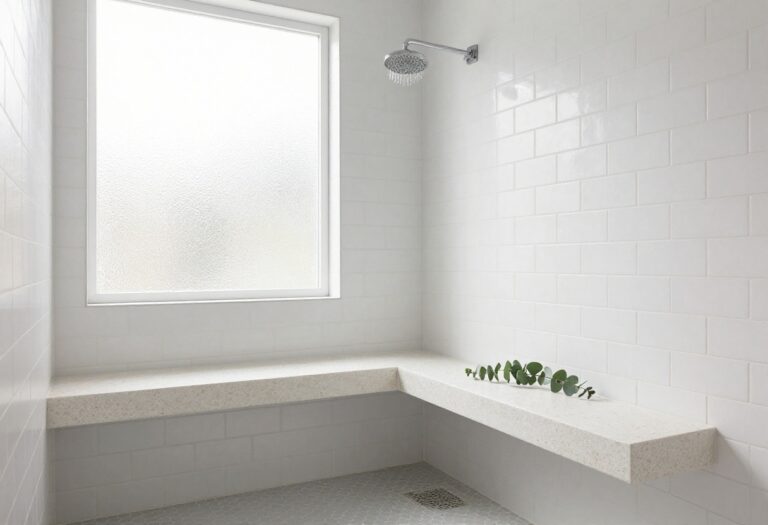 Walk-in shower with a floating corner bench, natural light, and clean tile design