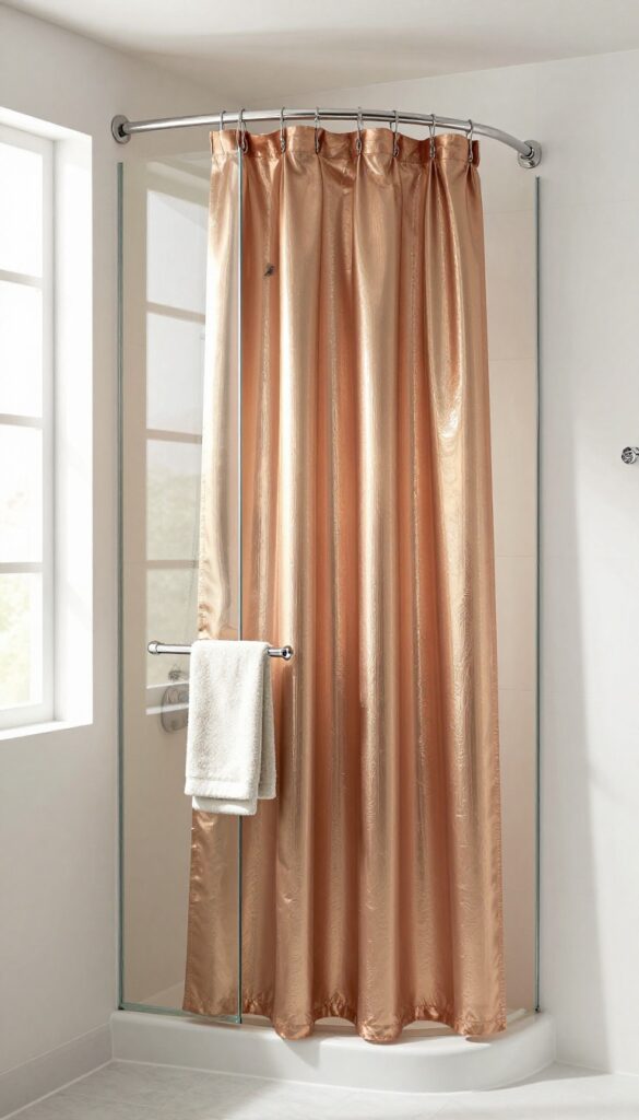 A tall metallic-toned shower curtain with sheen in a modern bathroom, reflecting natural light to make the space appear larger, paired with chrome fixtures and neutral towels.