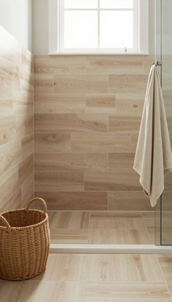 A walk-in shower with wood-look porcelain tiles on the floor in a cozy bathroom setting, featuring natural light and rustic accessories like woven baskets and linen towels.