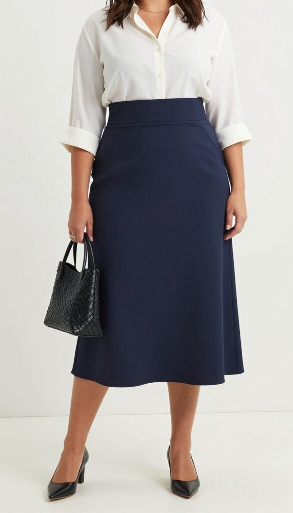 A woman wearing a high-waisted A-line skirt and structured blouse for a summer formal outfit, styled with closed-toe heels and a handbag in a bright outdoor setting.