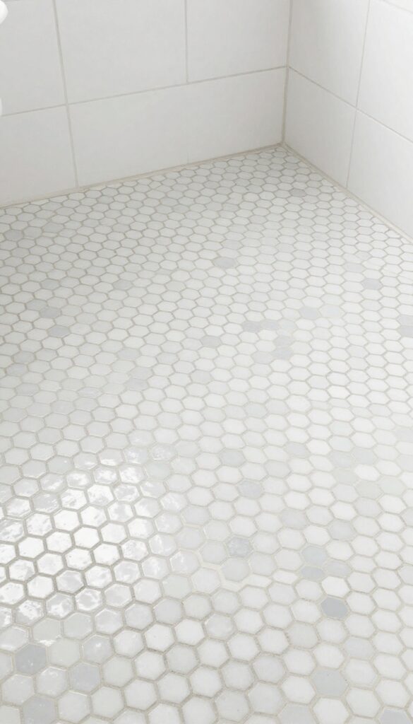 Close-up of hexagon mosaic tiles on a small bathroom floor with light gray grout in bright natural light.
