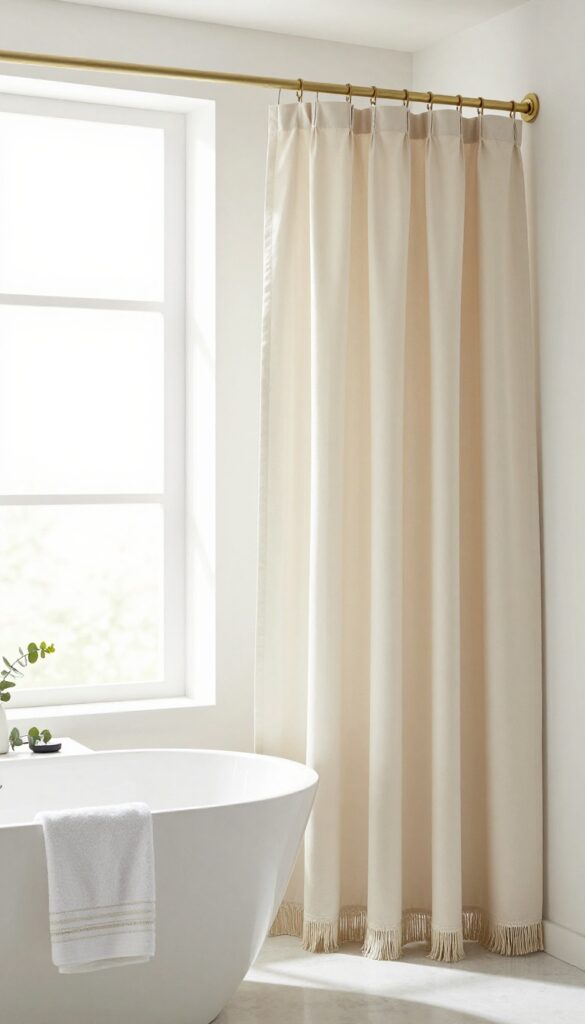 Modern bathroom with neutral fringed shower curtain and natural light
